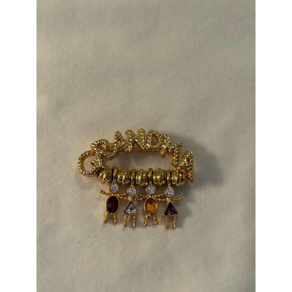 Grandma Grandchildren Pin Brooch Gold Tone with Charms